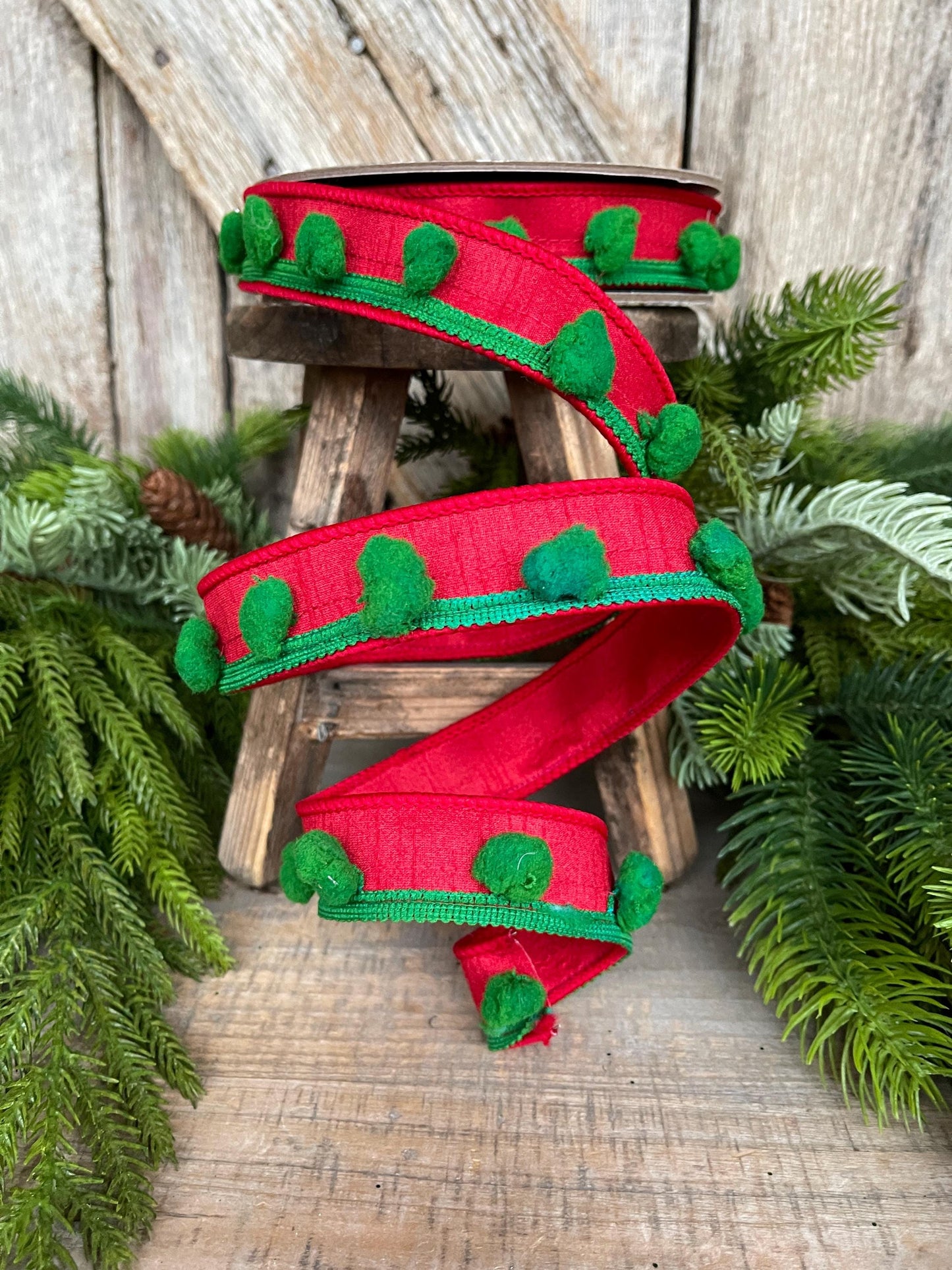 1.5" Christmas Ribbon, Wired Ribbon, Pom Pom Ribbon