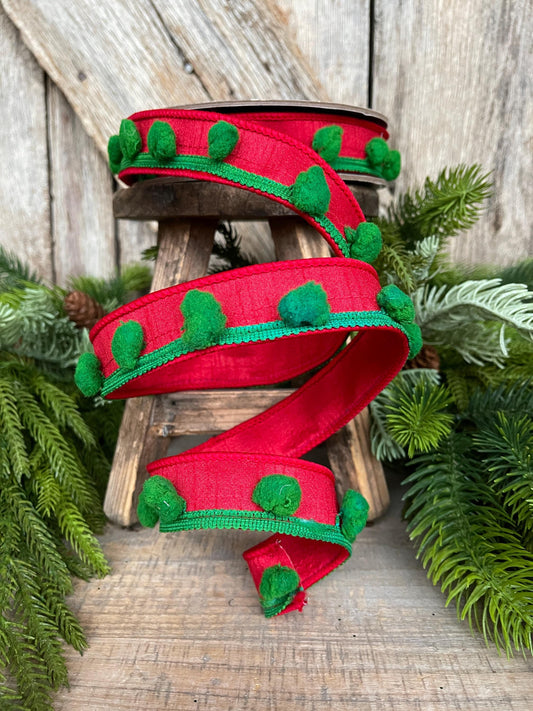 1.5" Christmas Ribbon, Wired Ribbon, Pom Pom Ribbon