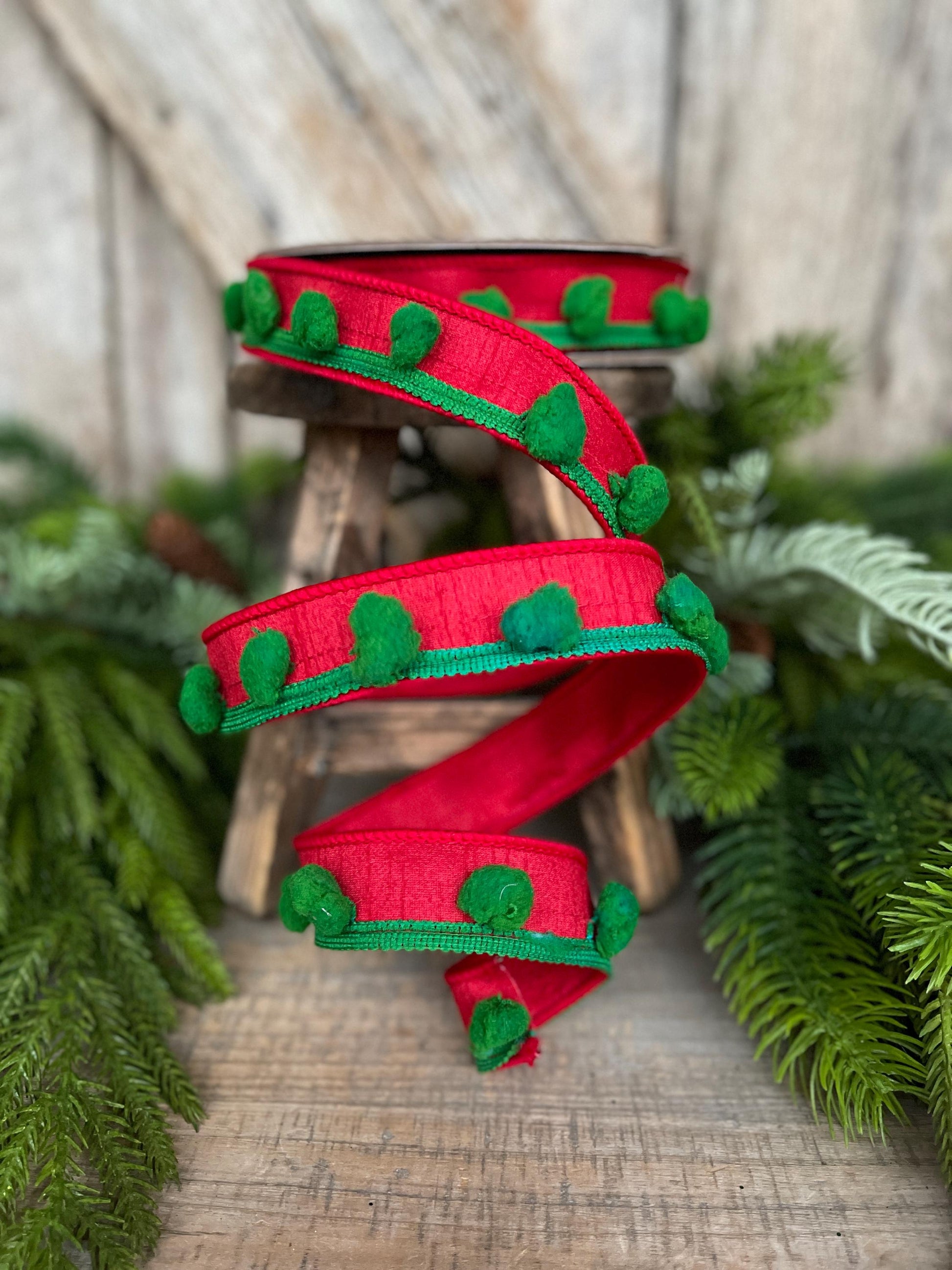 1.5" Christmas Ribbon, Wired Ribbon, Pom Pom Ribbon