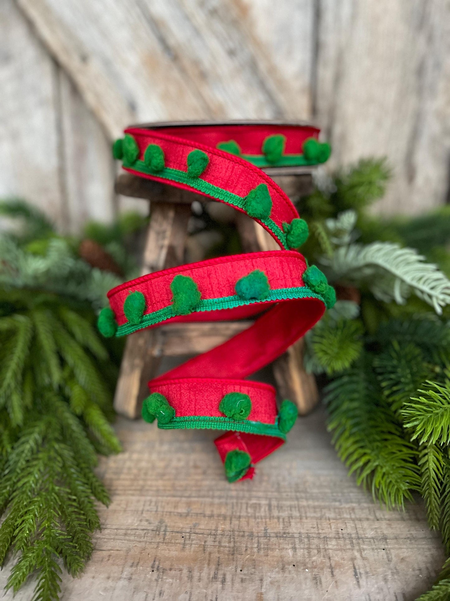 1.5" Christmas Ribbon, Wired Ribbon, Pom Pom Ribbon