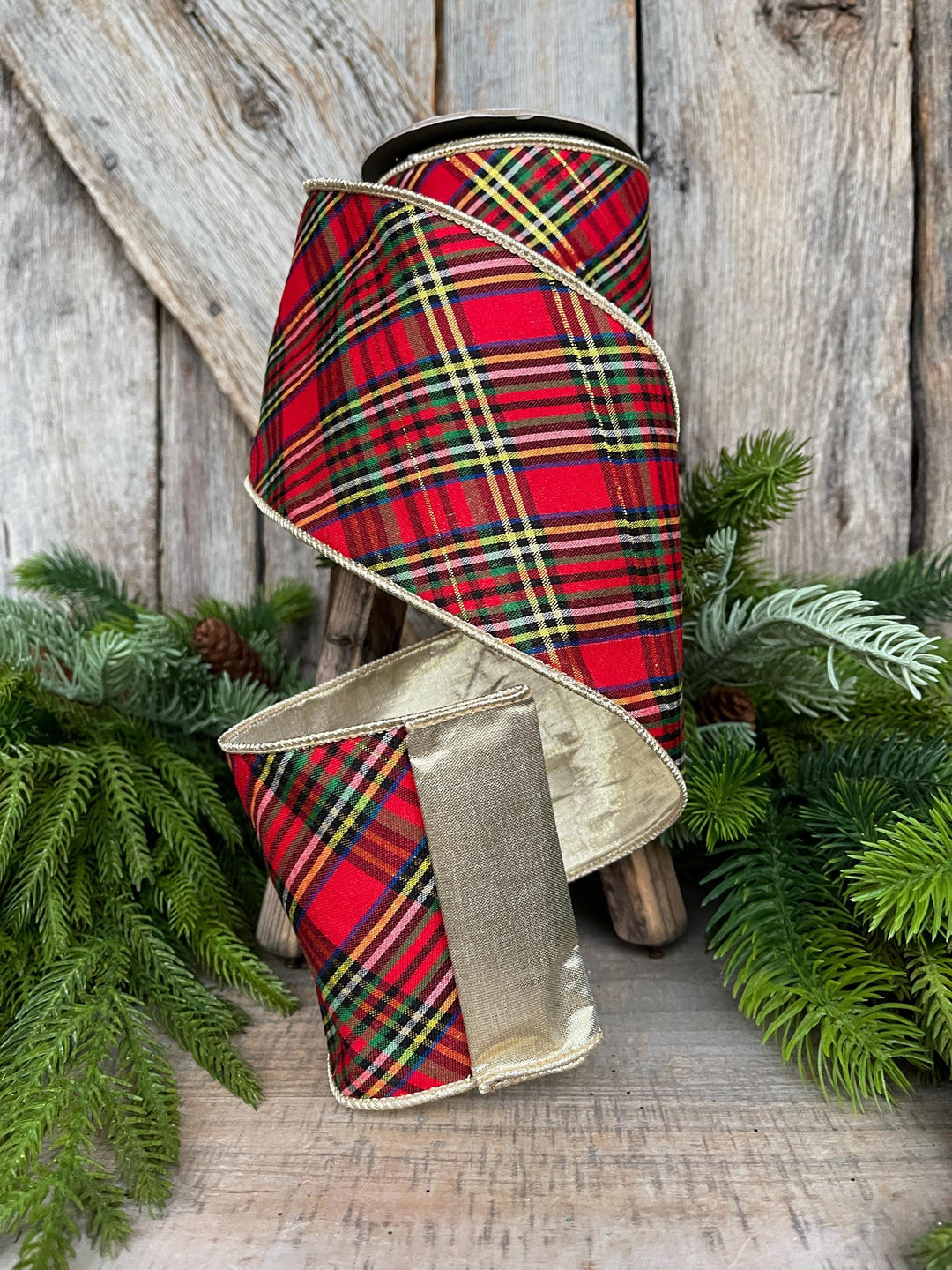 4" Traditional CHristmas Plaid, Wired Ribbon, Red Blue Chirstmas Plaid RIbbon
