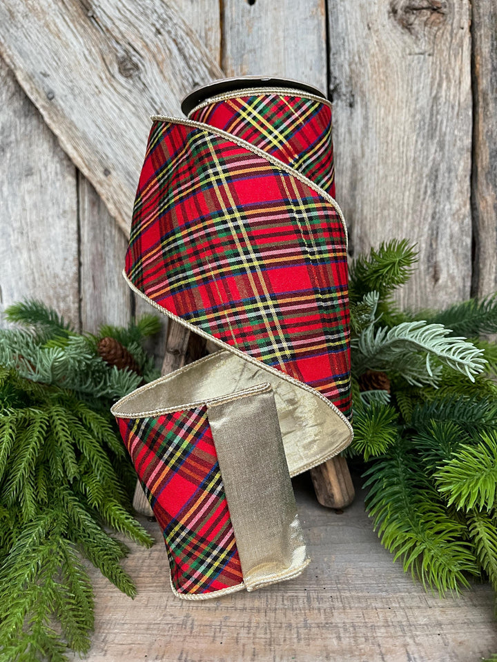4" Traditional CHristmas Plaid, Wired Ribbon, Red Blue Chirstmas Plaid RIbbon