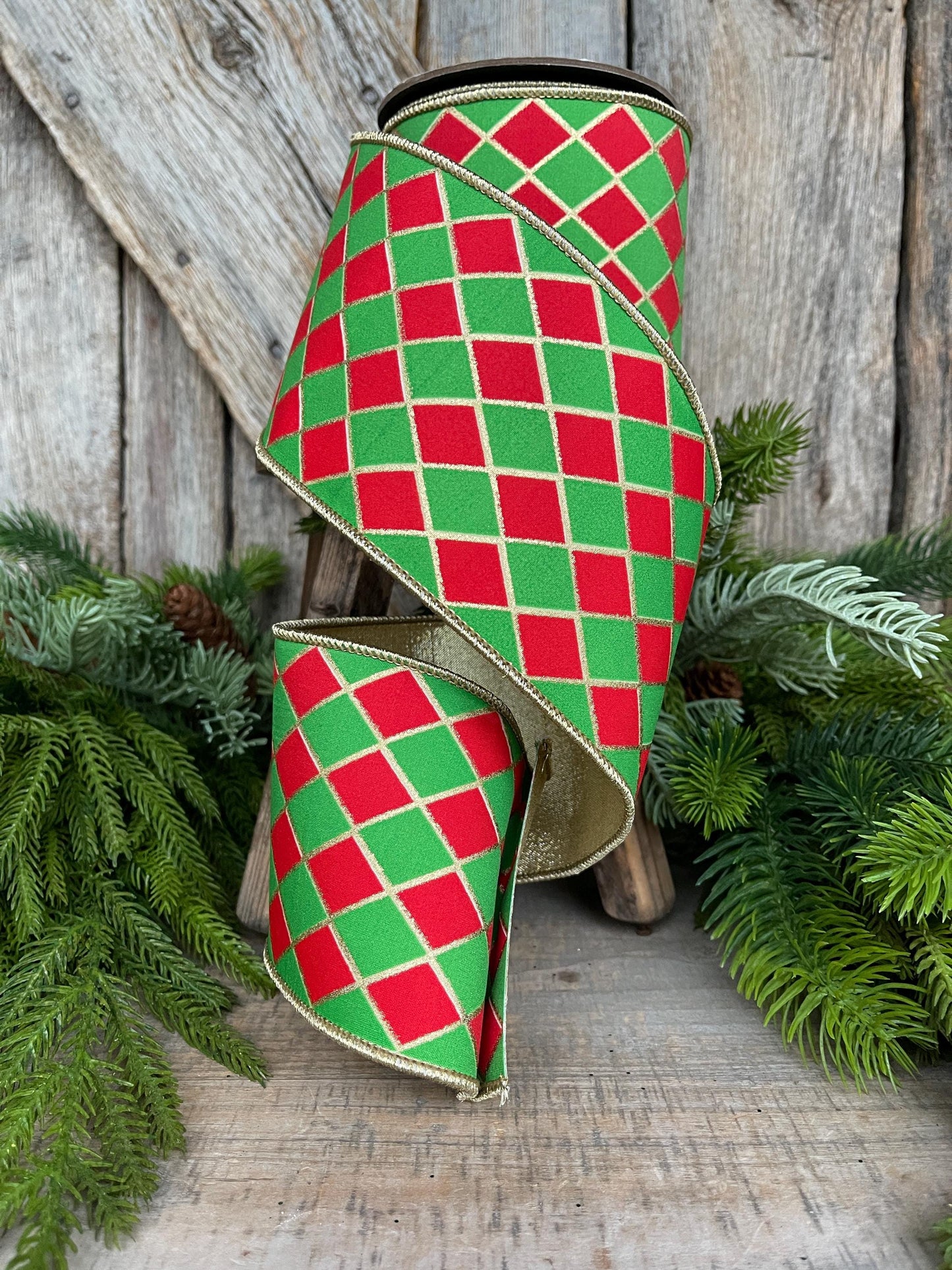 4" Red and Green Harlequin Ribbon, Christmas Ribbon, Harlequin Ribbon, Red Green Ribbon, Wired RIbbon, Designer Ribbon, 94562W-592-10D