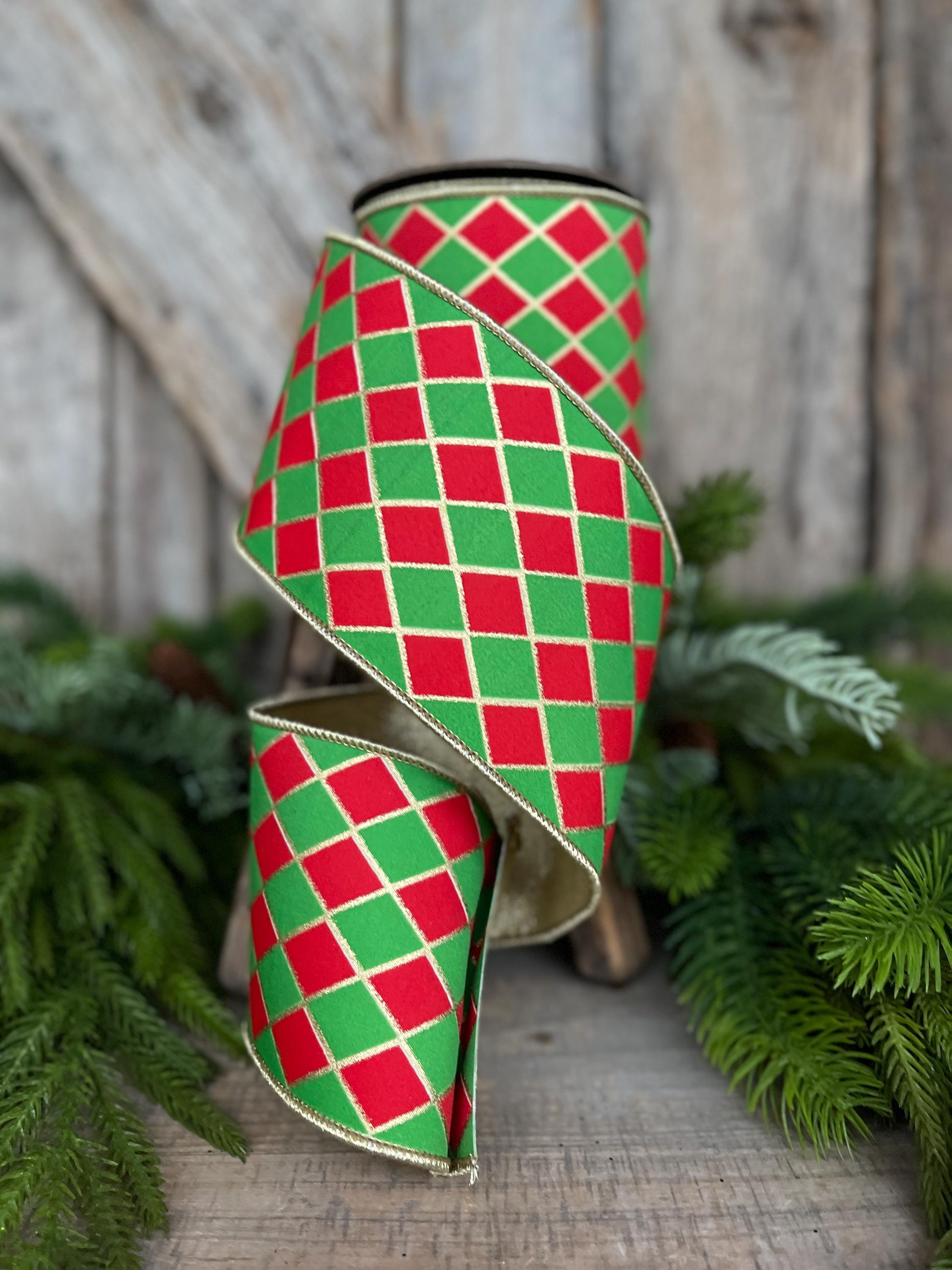 4" Red and Green Harlequin Ribbon, Christmas Ribbon, Harlequin Ribbon, Red Green Ribbon, Wired RIbbon, Designer Ribbon, 94562W-592-10D