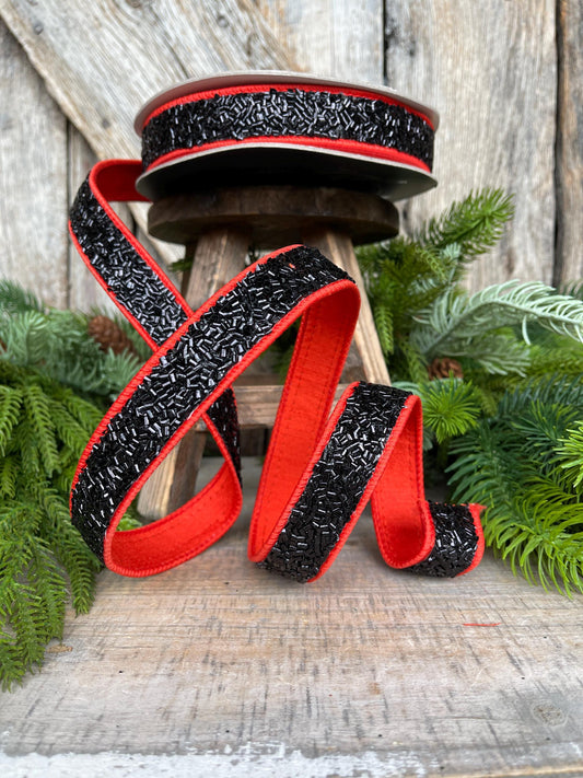 1" Orange Black Halloween Ribbon, Farrisilk Ribbon, Creepy Fuzz Ribbon, Wired Ribbon, HR036-87