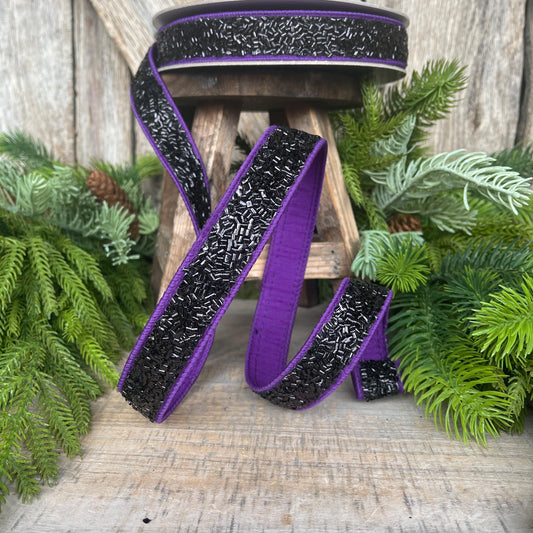 1" Purple Black Halloween Ribbon, Farrisilk Ribbon, Creepy Fuzz Ribbon, Wired Ribbon, HR037-27