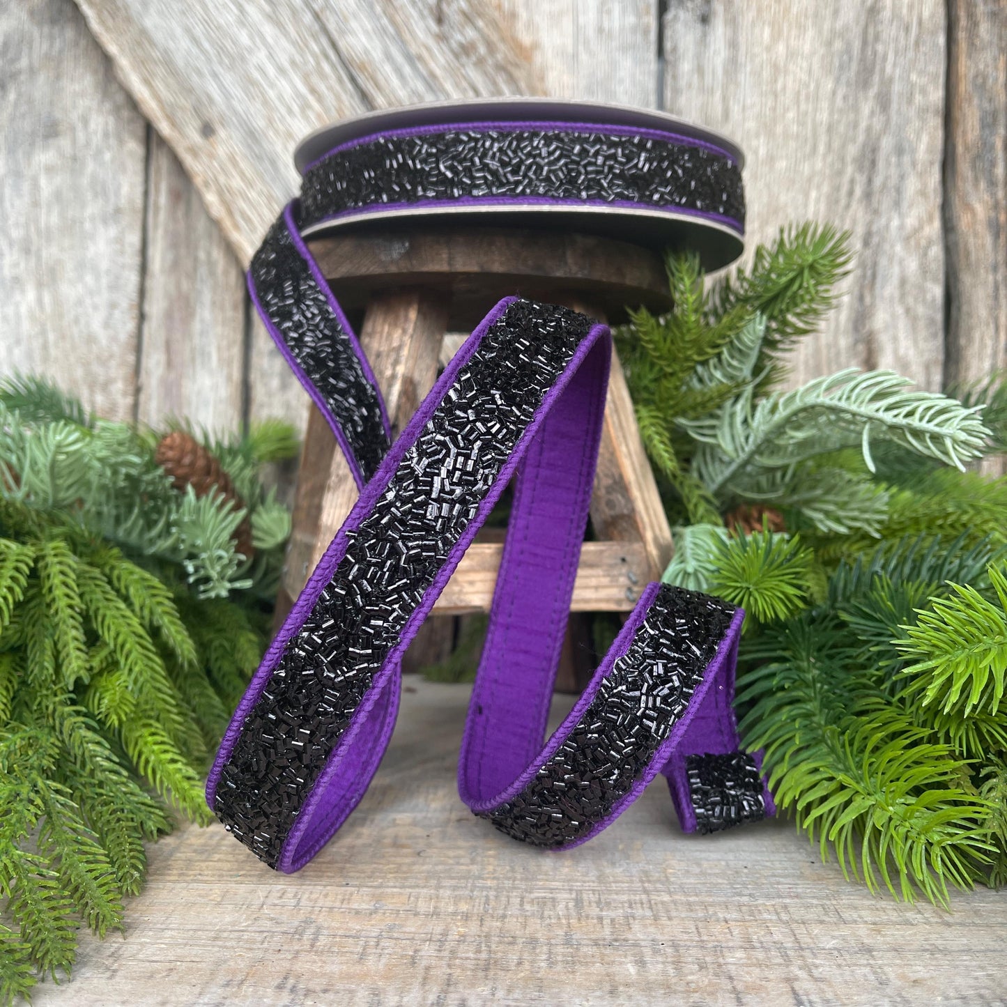 1" Purple Black Halloween Ribbon, Farrisilk Ribbon, Creepy Fuzz Ribbon, Wired Ribbon, HR037-27