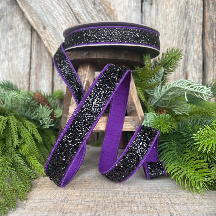 1" Purple Black Halloween Ribbon, Farrisilk Ribbon, Creepy Fuzz Ribbon