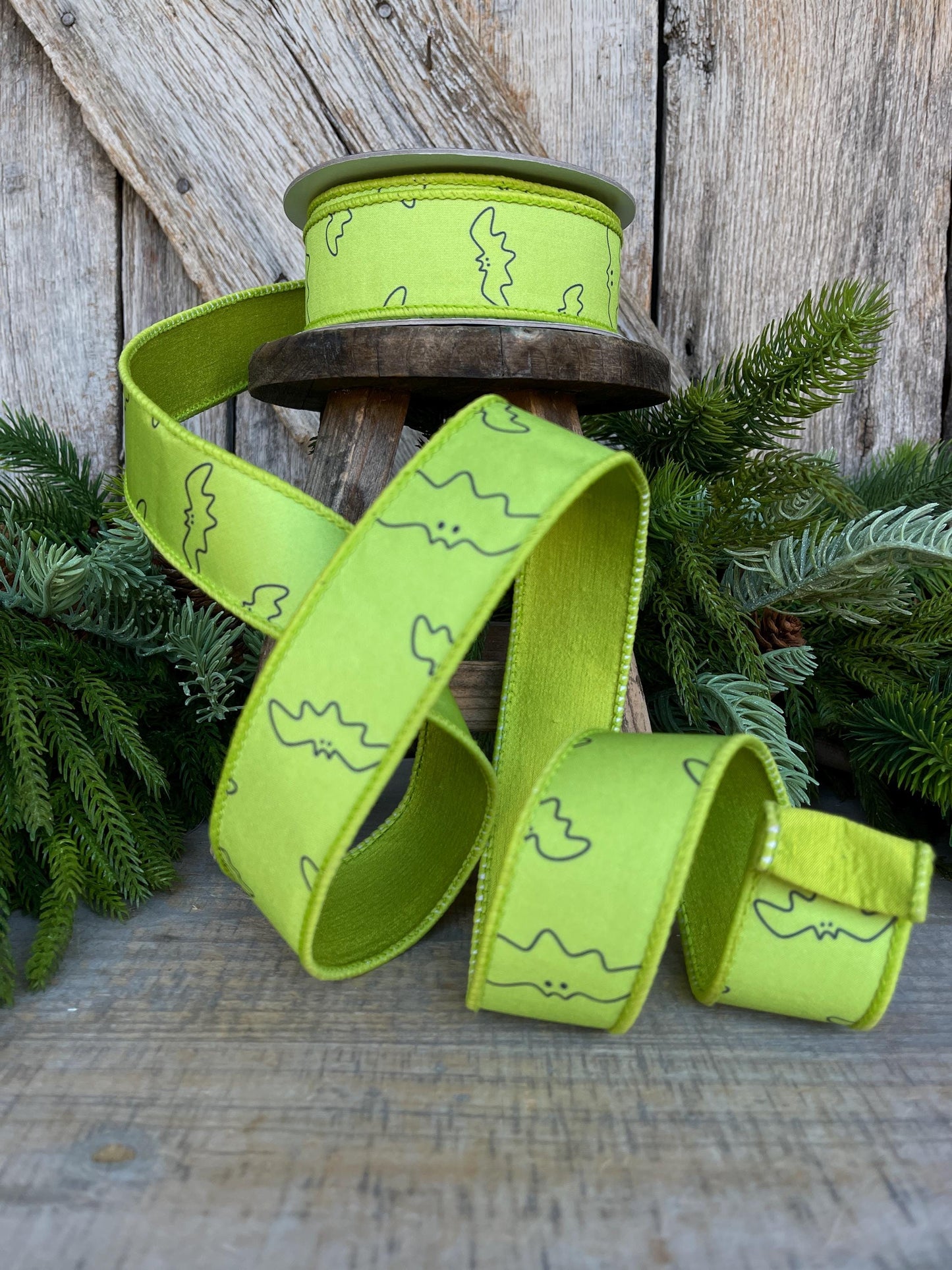 1.5" Lime Green Bat Ribbon, Farrisilk Ribbon, Halloween Ribbon