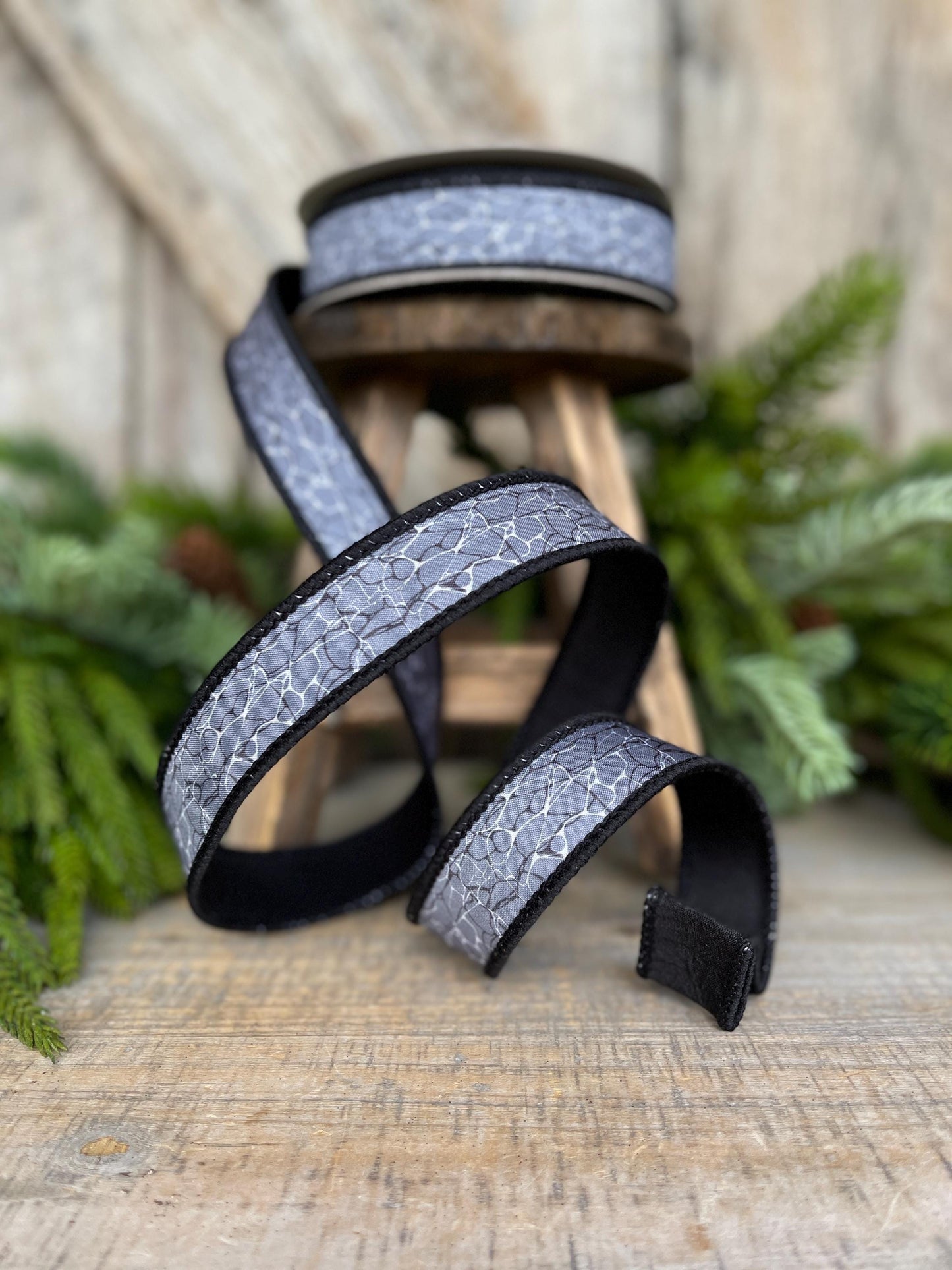 1" Gray Black Halloween Ribbon, Black Labyrinth Ribbon, Farrisilk Ribbon, Halloween Ribbon, Wired Ribbon, HR045-92