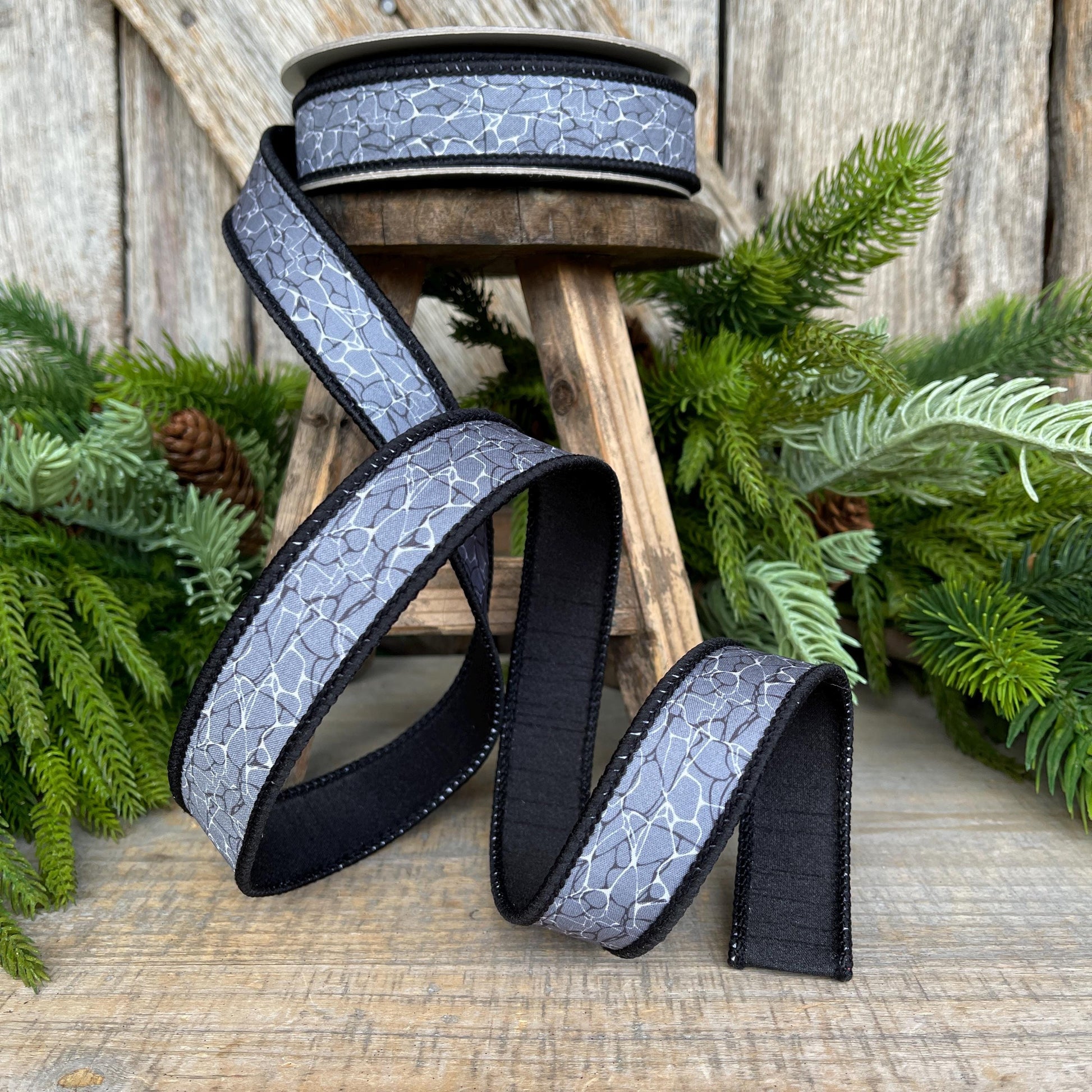 1" Gray Black Halloween Ribbon, Black Labyrinth Ribbon, Farrisilk Ribbon, Halloween Ribbon, Wired Ribbon, HR045-92