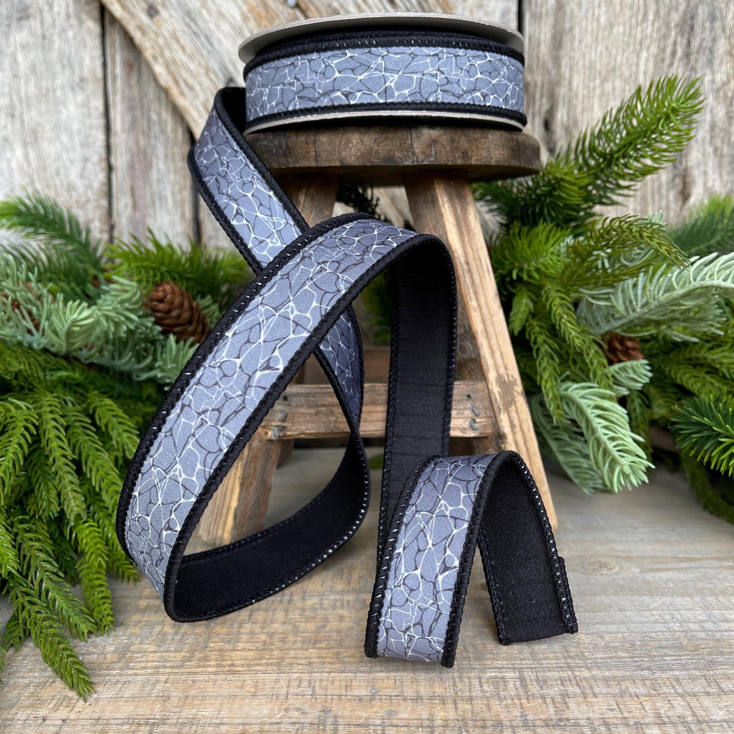 1" Gray Black Halloween Ribbon, Black Labyrinth Ribbon, Farrisilk Ribbon, Halloween Ribbon, Wired Ribbon, HR045-92