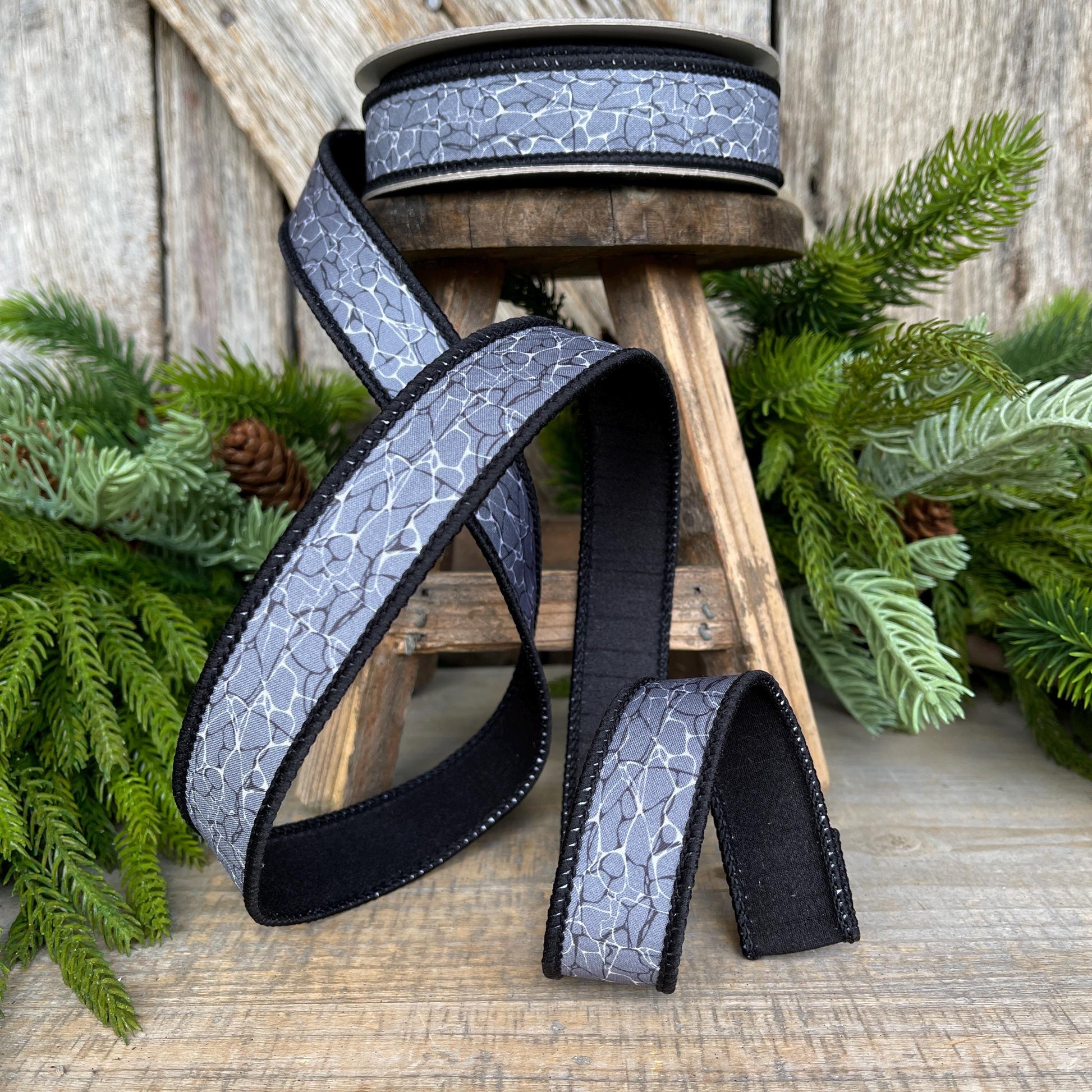 1" Gray Black Halloween Ribbon, Black Labyrinth Ribbon, Farrisilk Ribbon, Halloween Ribbon, Wired Ribbon, HR045-92