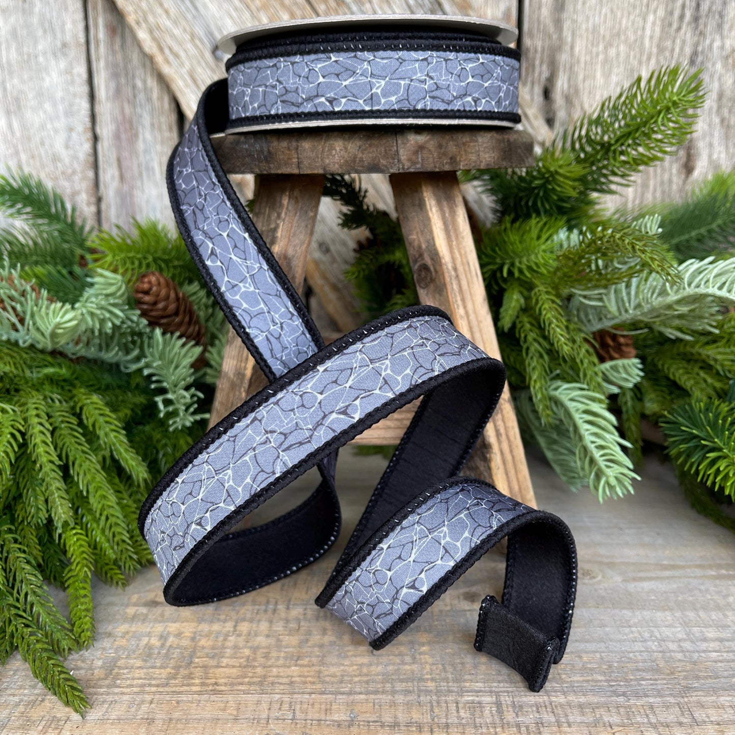 1" Gray Black Halloween Ribbon, Black Labyrinth Ribbon, Farrisilk Ribbon, Halloween Ribbon, Wired Ribbon, HR045-92