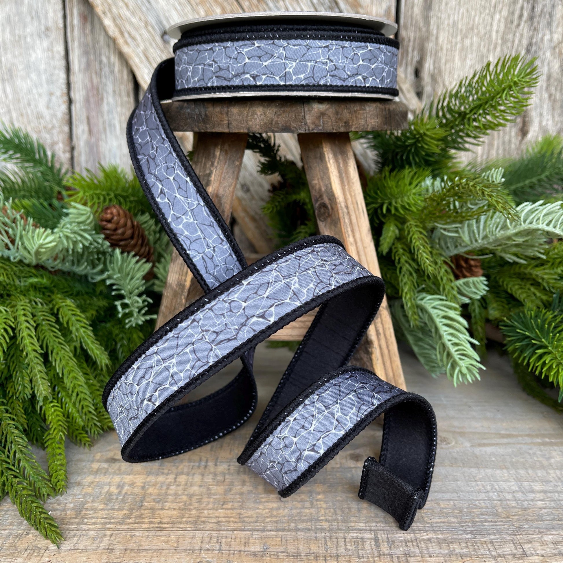 1" Gray Black Halloween Ribbon, Black Labyrinth Ribbon, Farrisilk Ribbon, Halloween Ribbon, Wired Ribbon, HR045-92