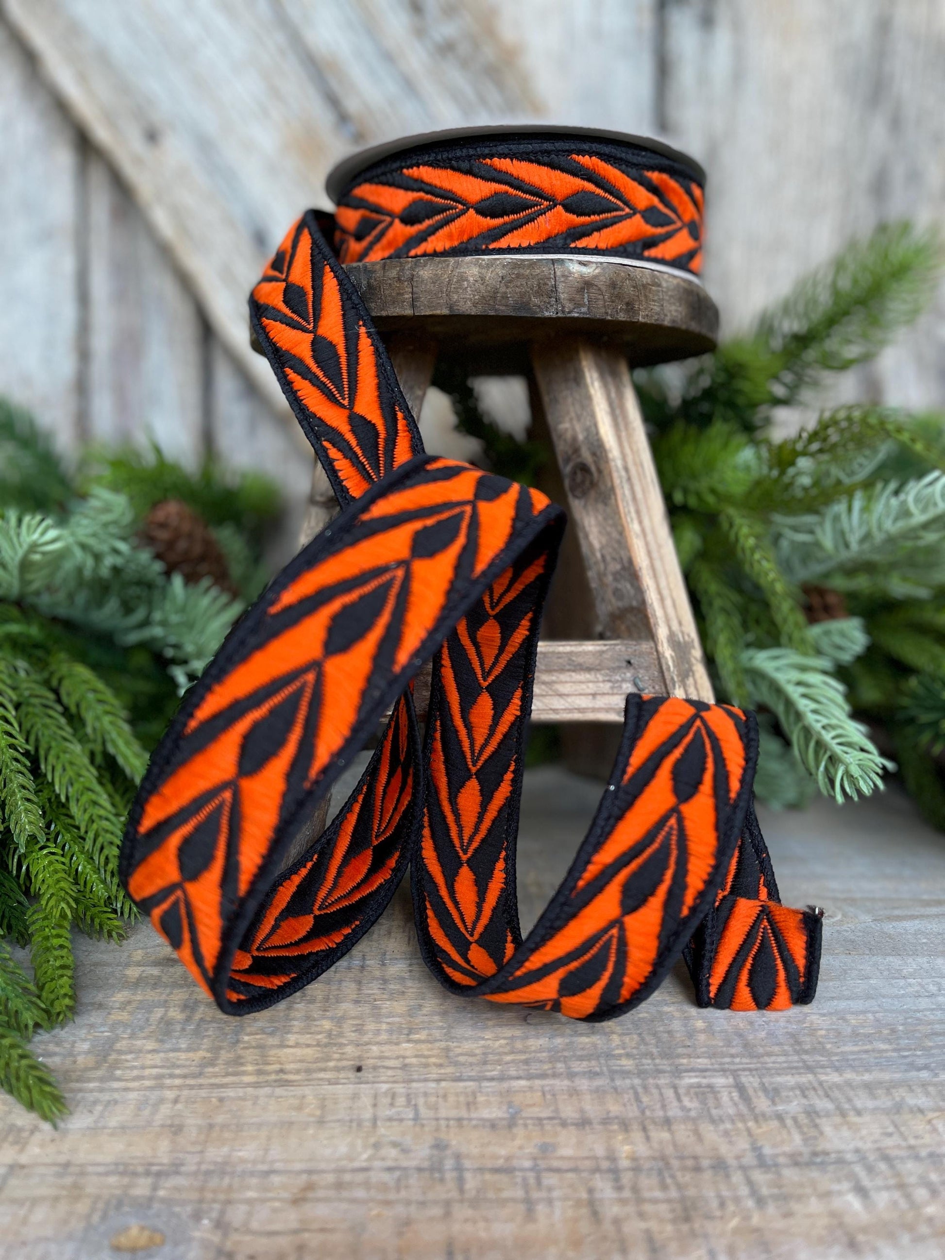 1" Orange Fang Ribbon, Farrisilk Ribbon, Orange Black Ribbon, Designer Ribbon, HR032-87