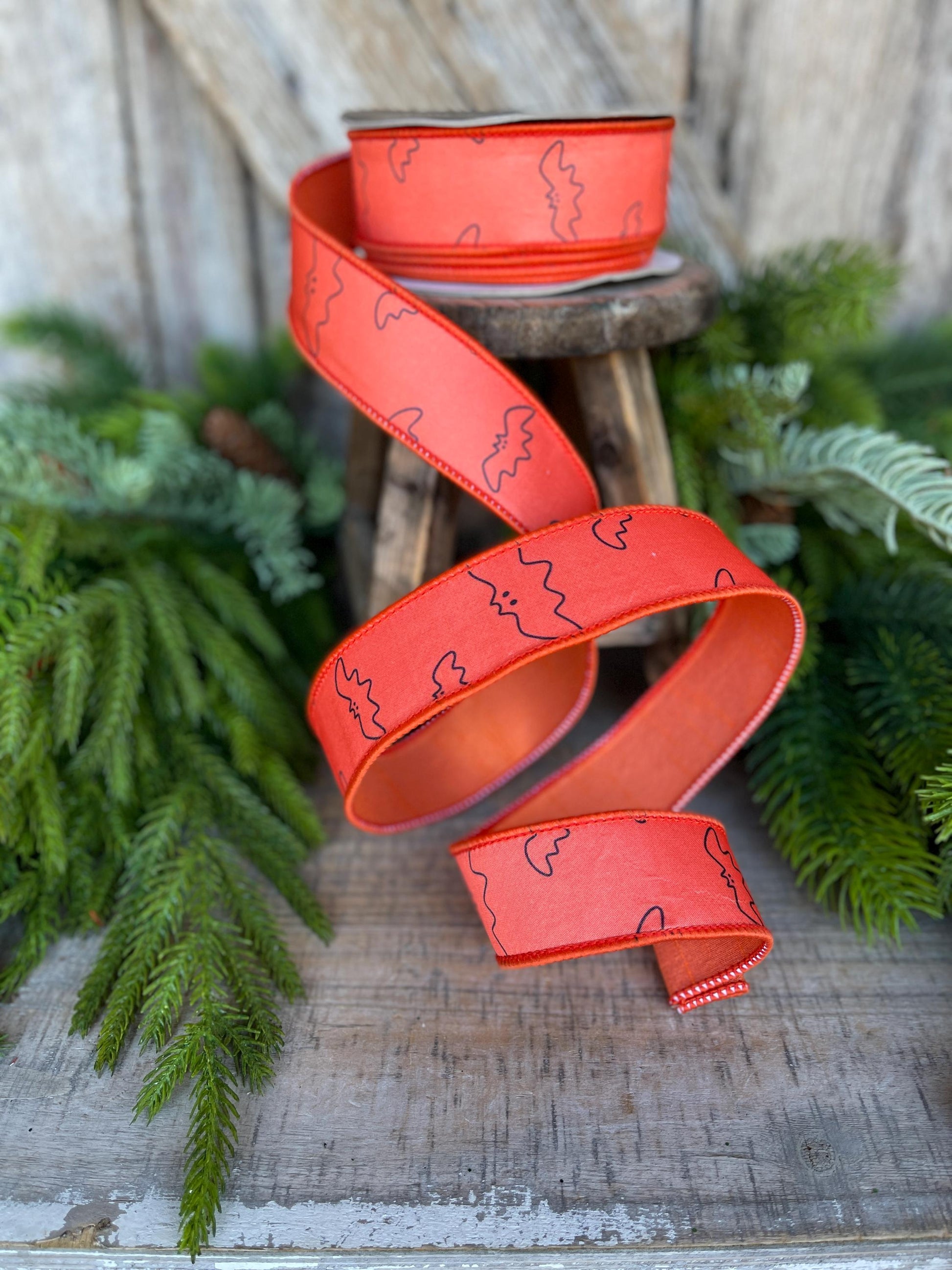 1.5" Orange Bat Ribbon, Farrisilk Ribbon, Halloween Ribbon, Orange Halloween Ribbon, Orange and Black Halloween, Wired Ribbon, HR051-52