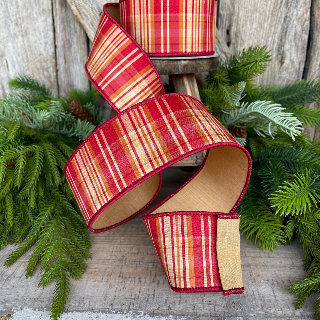 2.5" Fall Plaid Ribbon, Red Orange Prescott Plaid Ribbon, Farrisilk Ribbon