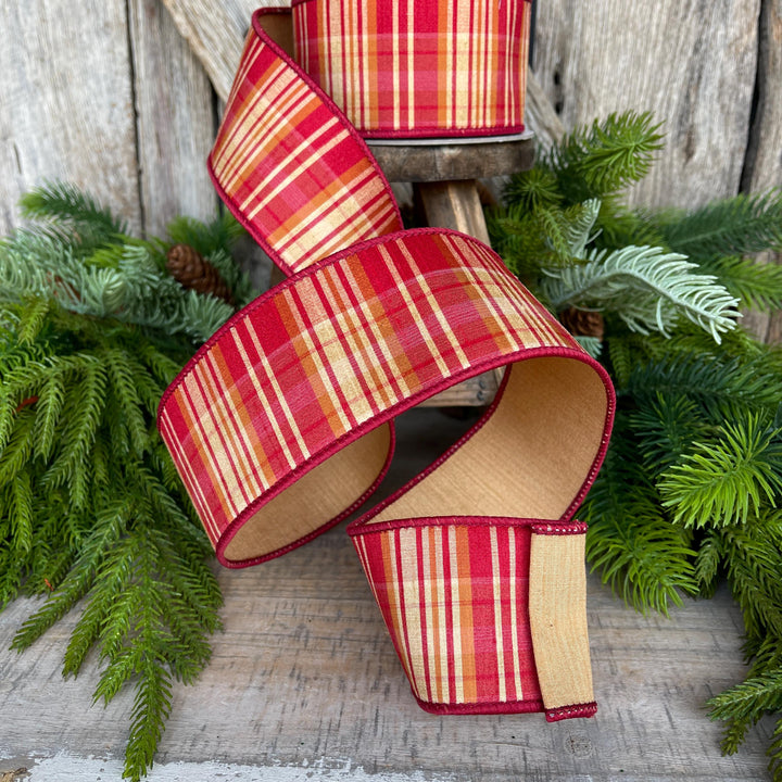 2.5" Fall Plaid Ribbon, Red Orange Prescott Plaid Ribbon, Farrisilk Ribbon