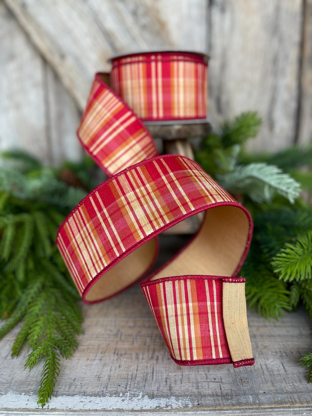 2.5" Fall Plaid Ribbon, Red Orange Prescott Plaid Ribbon, Farrisilk Ribbon
