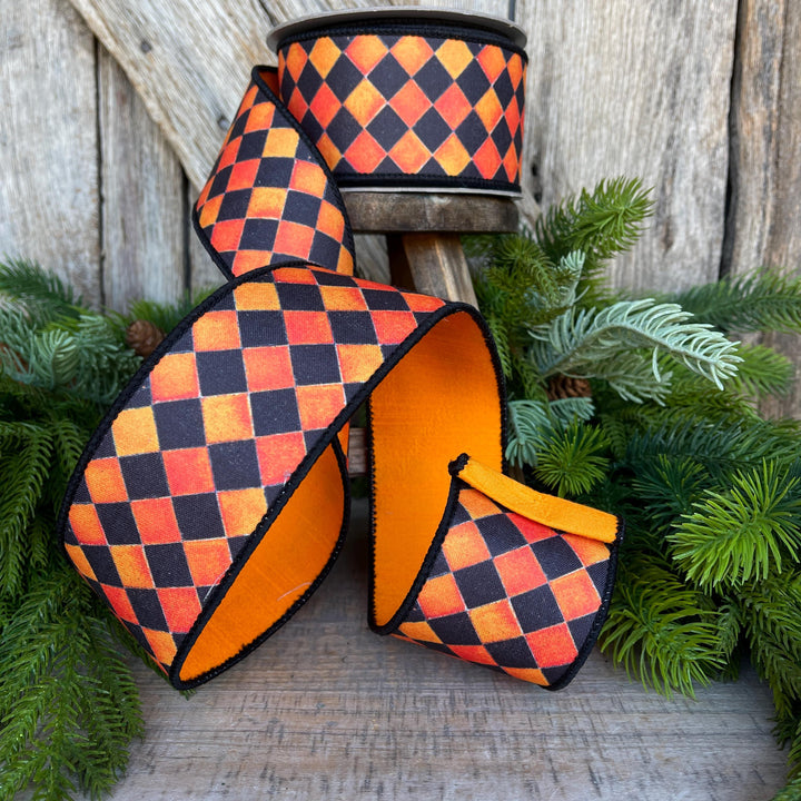 2.5" Orange Harlequin Ribbon, Farrisilk Ribbon, Orange Sketch Checks
