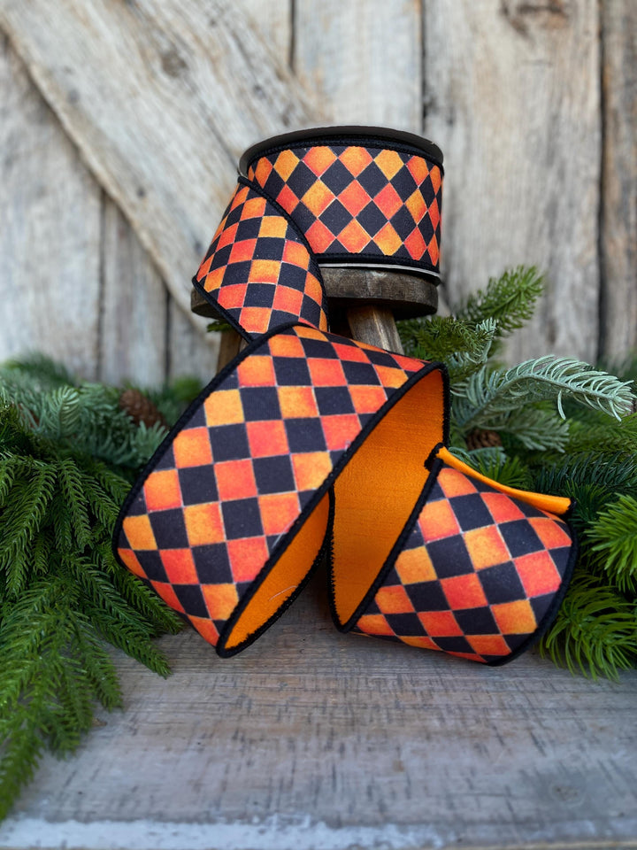2.5" Orange Harlequin Ribbon, Farrisilk Ribbon, Orange Sketch Checks