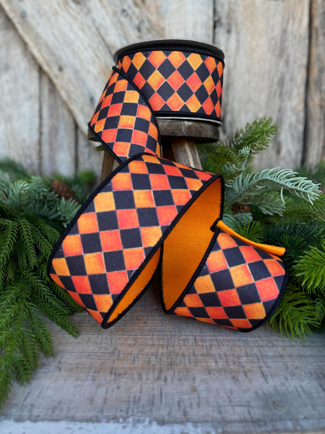 2.5" Orange Harlequin Ribbon, Farrisilk Ribbon, Orange Sketch Checks