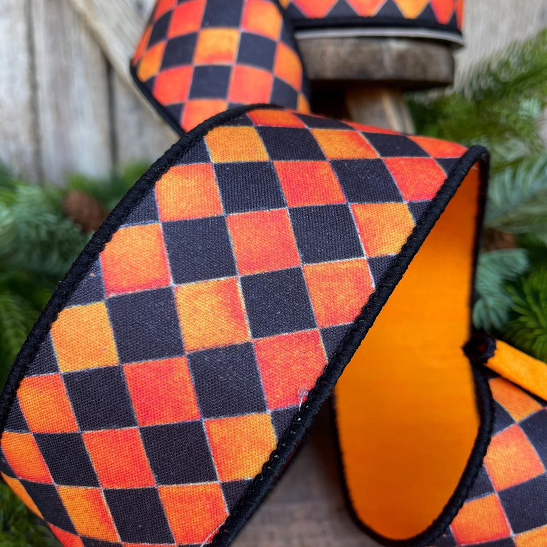 2.5" Orange Harlequin Ribbon, Farrisilk Ribbon, Orange Sketch Checks