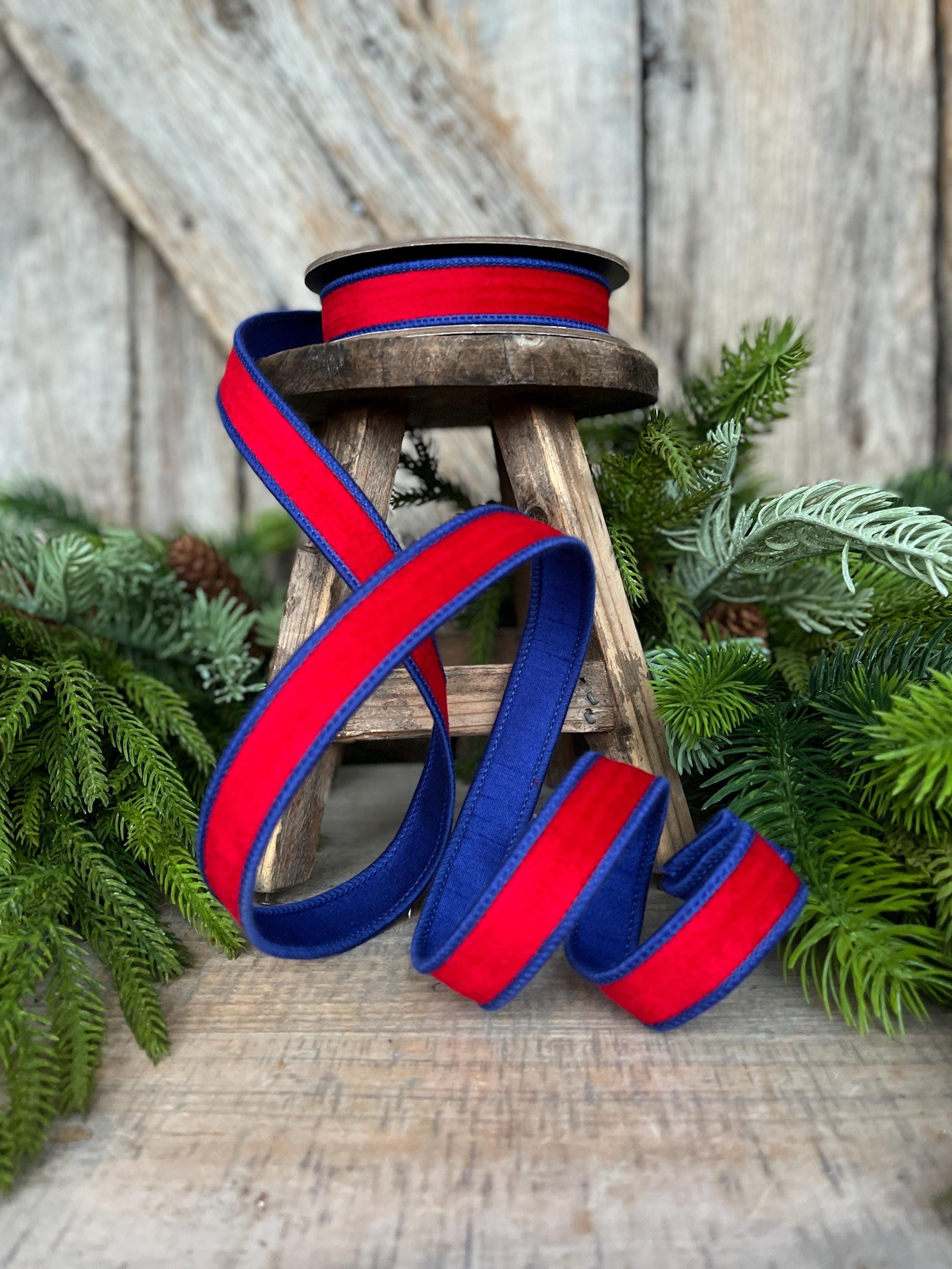 7/8" Patriotic Ribbon, Red Blue Velvet Ribbon, Wired Ribbon, 4th of July Ribbon, 94636W-250-05D
