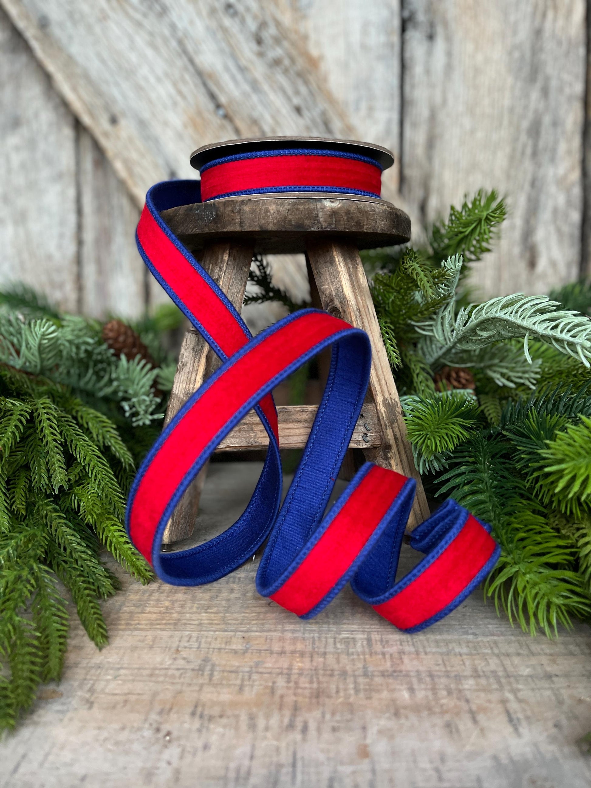 7/8" Patriotic Ribbon, Red Blue Velvet Ribbon, Wired Ribbon, 4th of July Ribbon, 94636W-250-05D