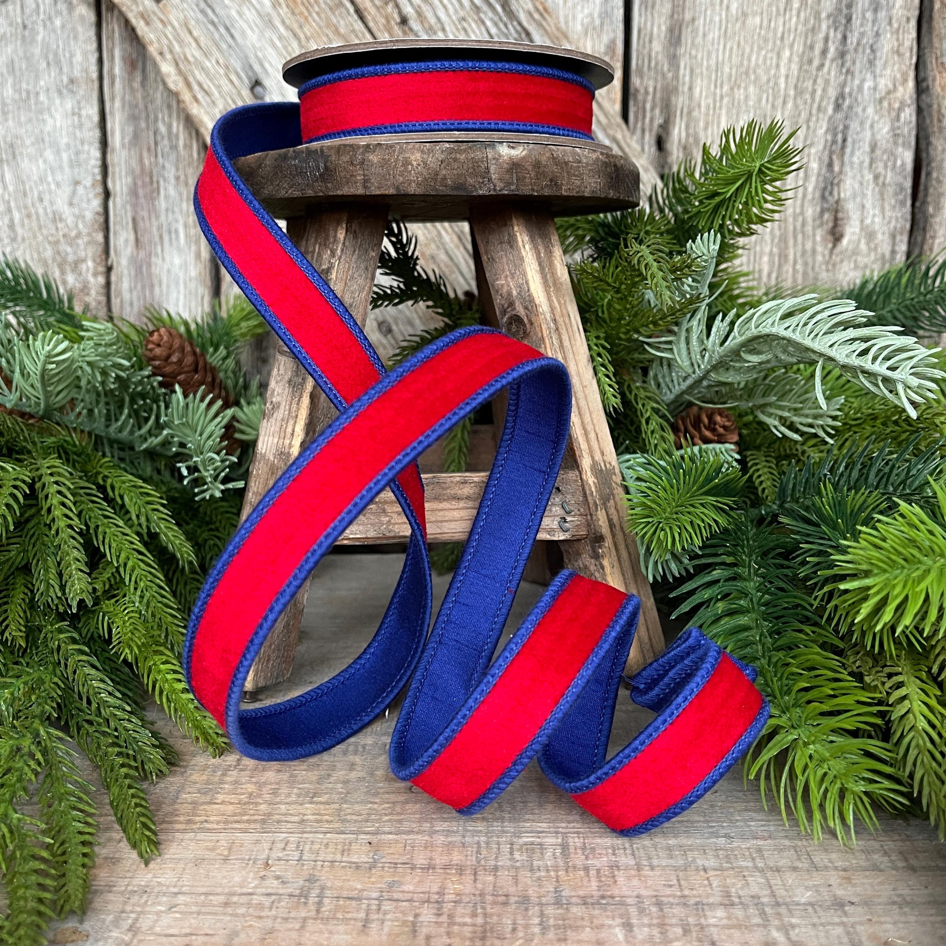 7/8" Patriotic Ribbon, Red Blue Velvet Ribbon, Wired Ribbon, 4th of July Ribbon, 94636W-250-05D