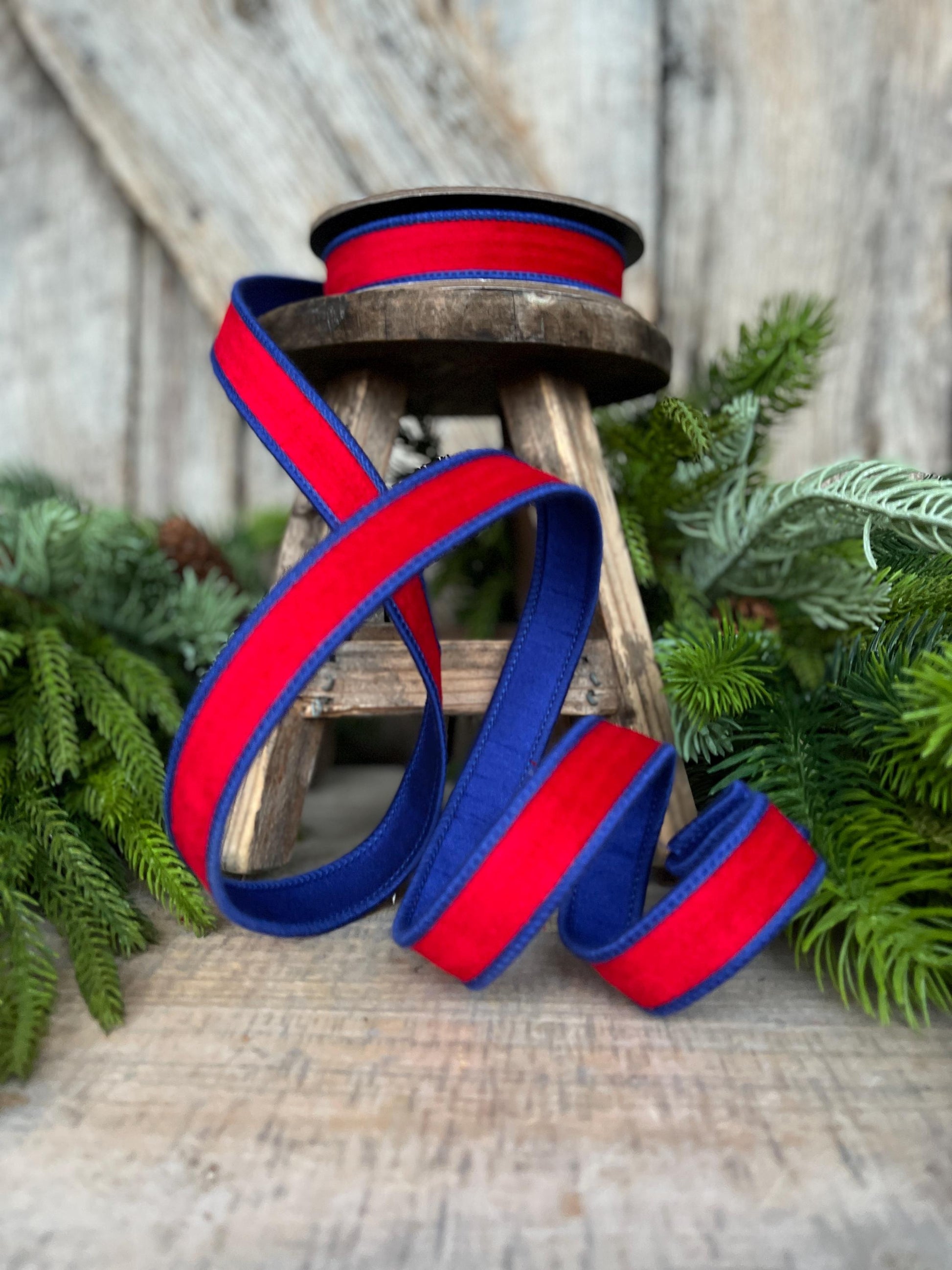 7/8" Patriotic Ribbon, Red Blue Velvet Ribbon, Wired Ribbon, 4th of July Ribbon, 94636W-250-05D