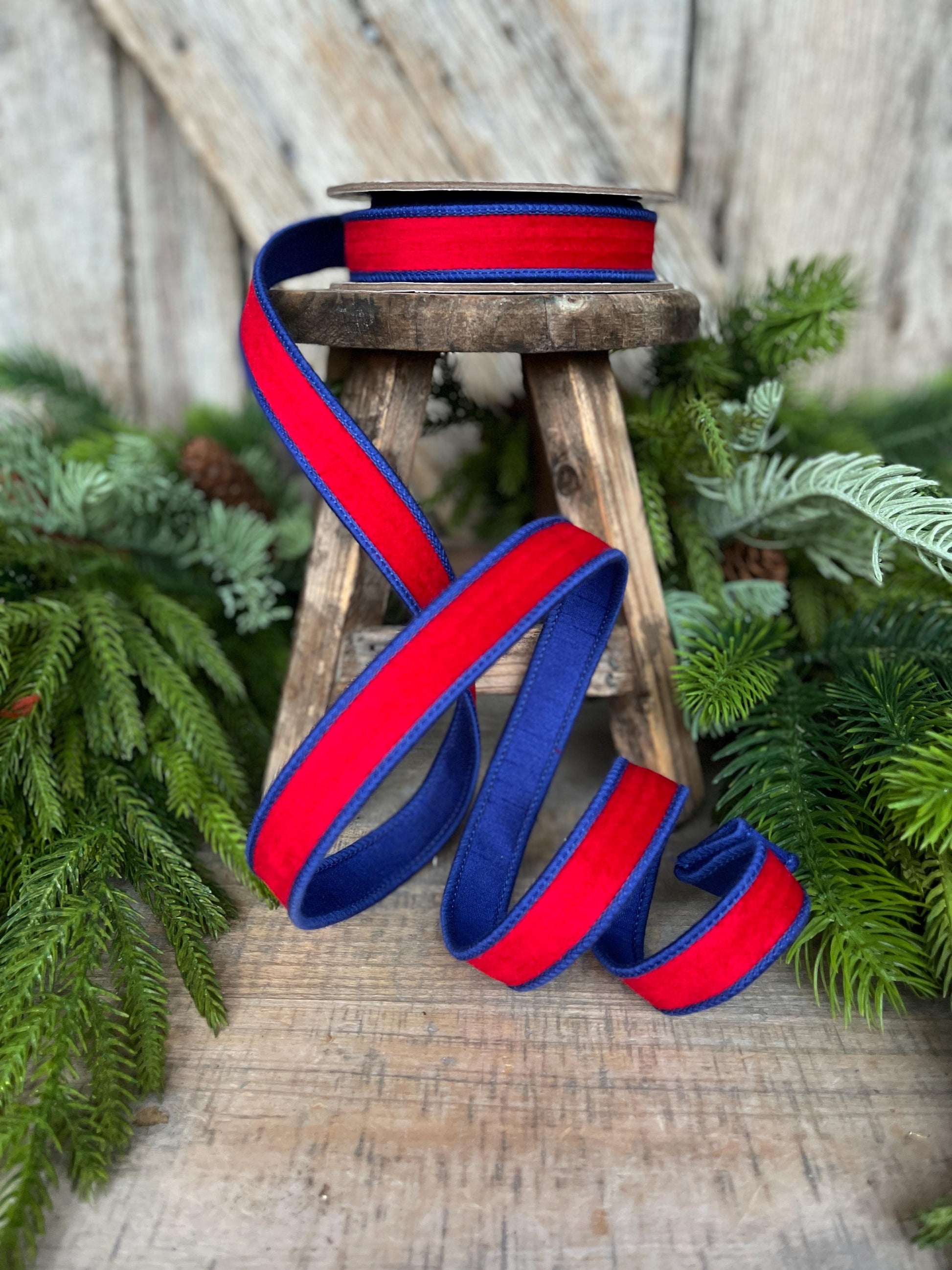 7/8" Patriotic Ribbon, Red Blue Velvet Ribbon, Wired Ribbon, 4th of July Ribbon, 94636W-250-05D