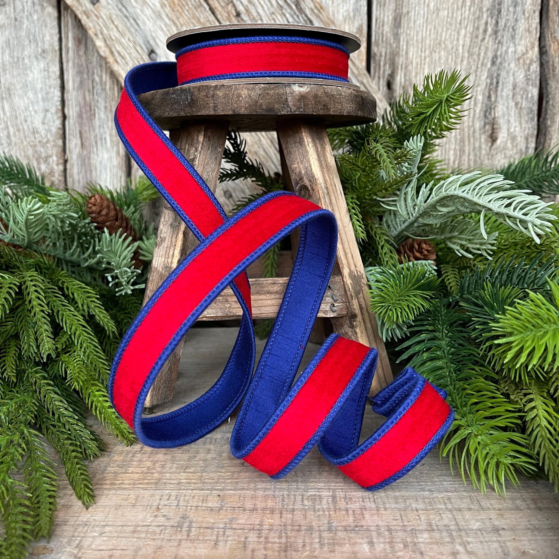 7/8" Patriotic Ribbon, Red Blue Velvet Ribbon, Wired Ribbon, 4th of July Ribbon, 94636W-250-05D
