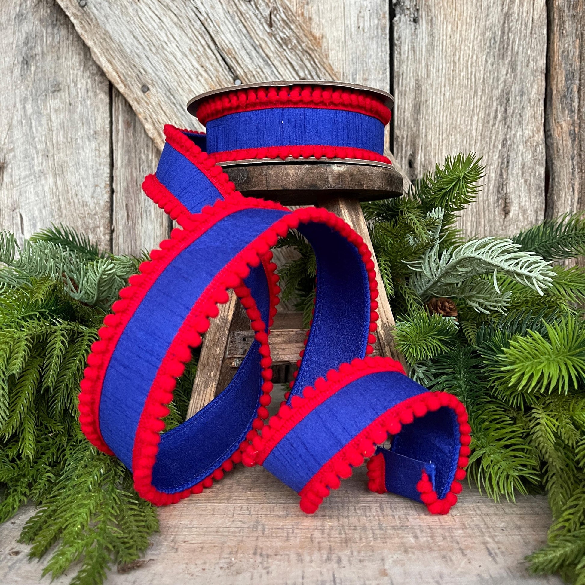 1.5" Patriotic Wired Ribbon, Pom Pom Ribbon Americana Ribbon, 4th of July Decor, 9556W-032-63C