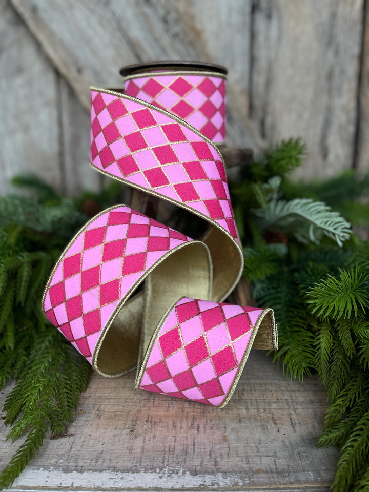 2.5" Pink Harlequin Ribbon, Wired Ribbon