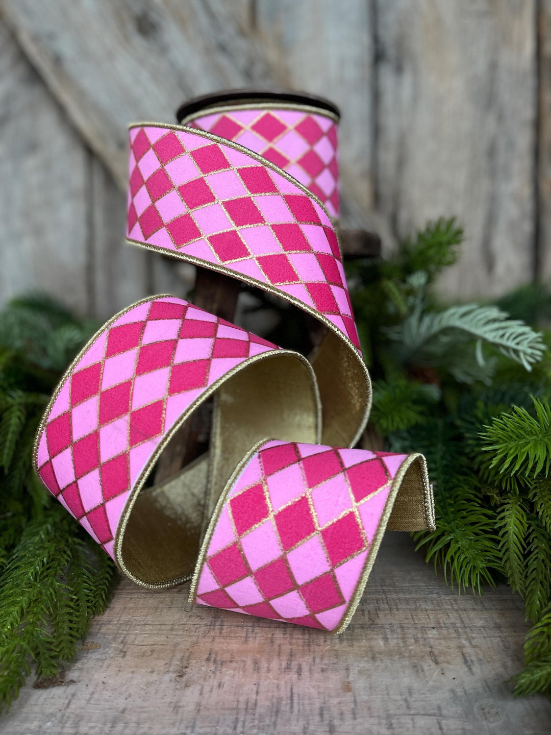 2.5" Pink Harlequin Ribbon, Wired Ribbon
