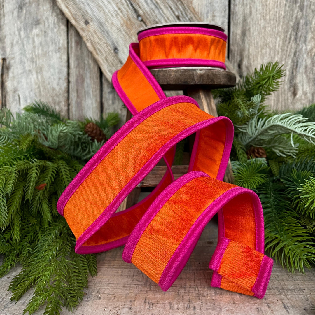 1.5" Orange Hot Pink Ribbon, Wired Ribbon, Designer Ribbon