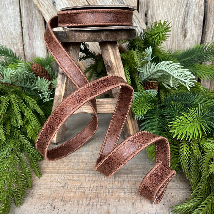 7/8" Brown Leather Ribbon, Wired Ribbon, Rustic Ribbon