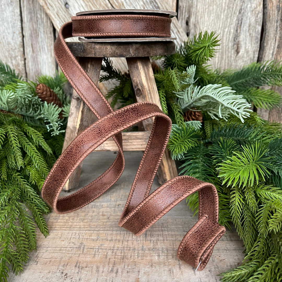 7/8" Brown Leather Ribbon, Wired Ribbon, Rustic Ribbon