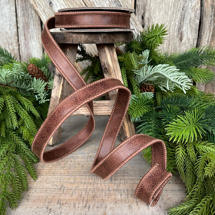 7/8" Brown Leather Ribbon, Wired Ribbon, Rustic Ribbon