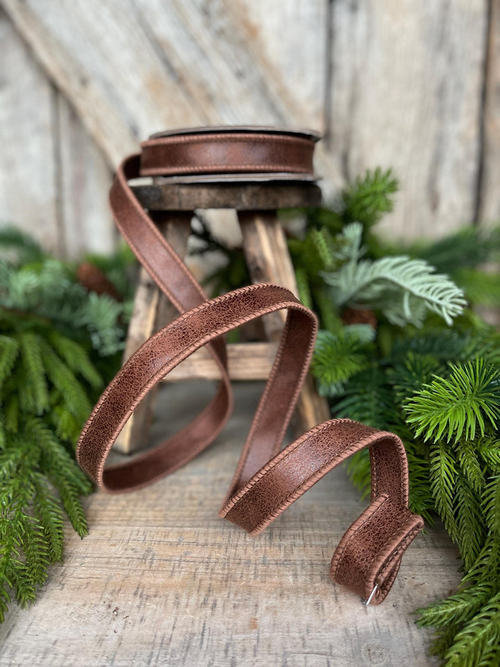7/8" Brown Leather Ribbon, Wired Ribbon, Rustic Ribbon