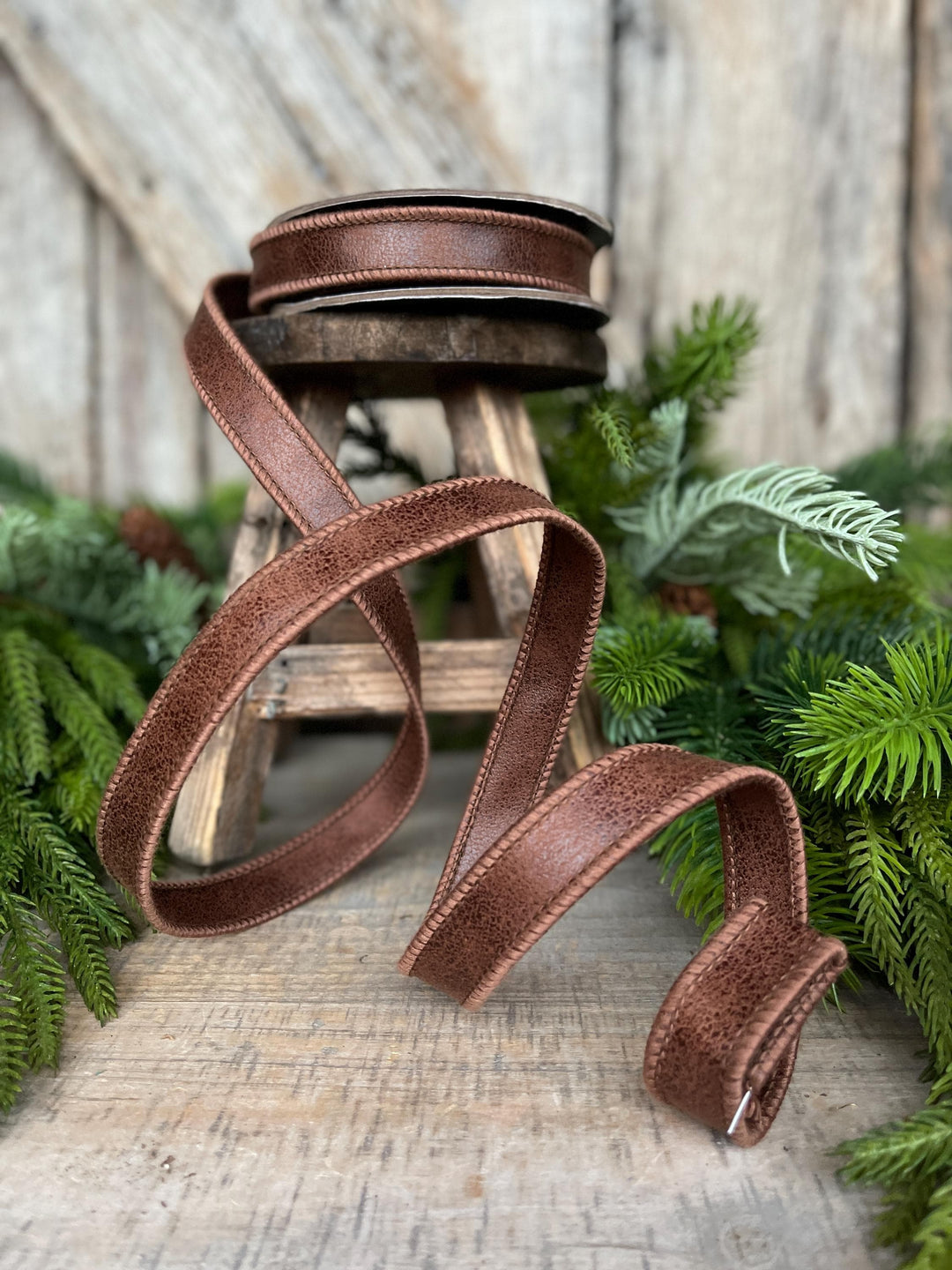 7/8" Brown Leather Ribbon, Wired Ribbon, Rustic Ribbon