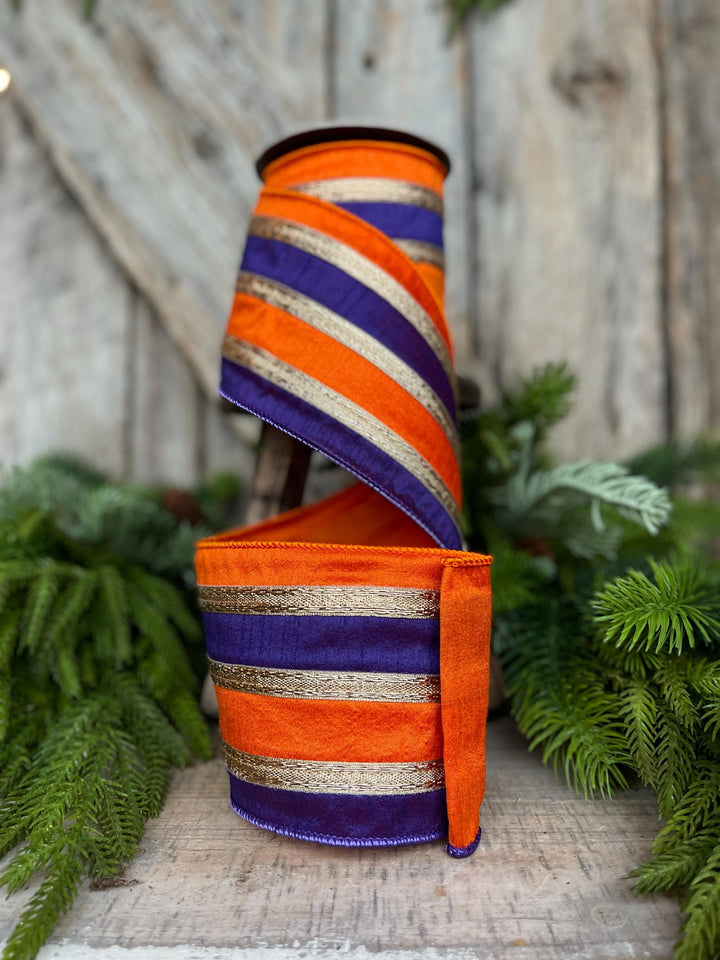 4" Halloween Ribbon, Wired Ribbon, Purple Orange Gold Ribbon