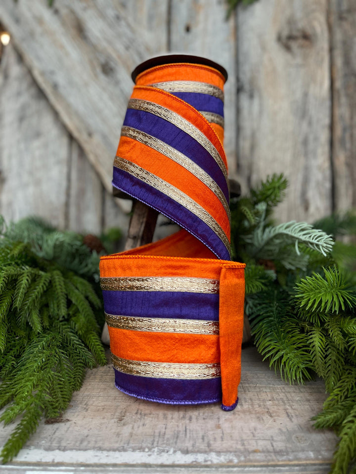 4" Halloween Ribbon, Wired Ribbon, Purple Orange Gold Ribbon