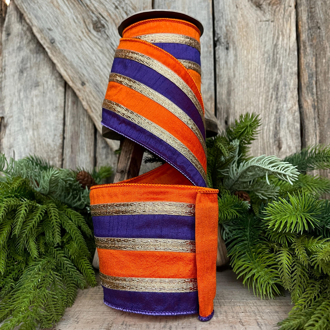 4" Halloween Ribbon, Wired Ribbon, Purple Orange Gold Ribbon