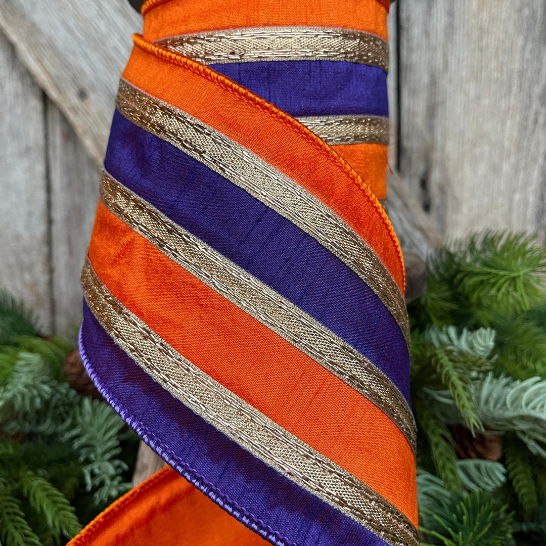 4" Halloween Ribbon, Wired Ribbon, Purple Orange Gold Ribbon