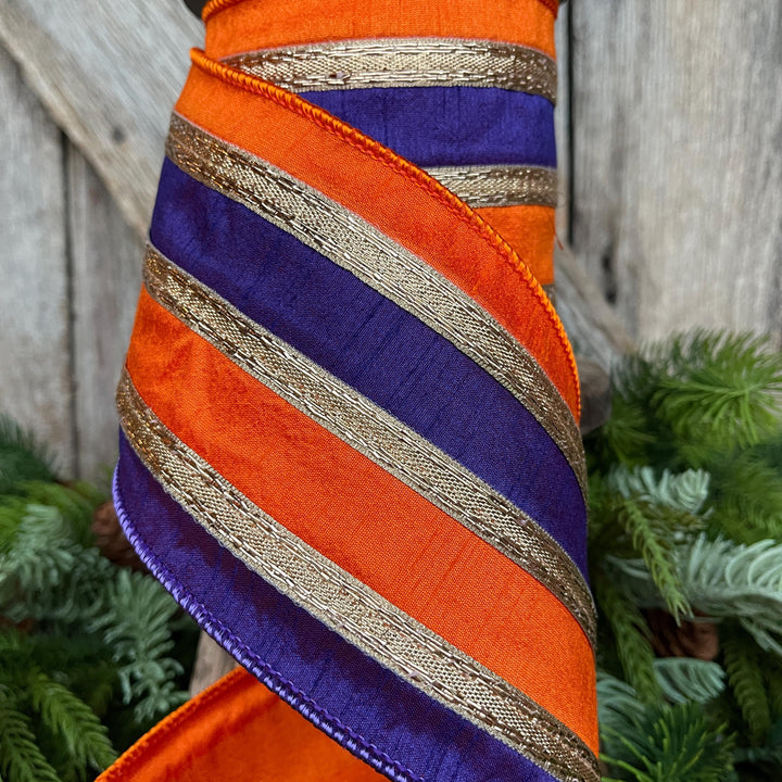 4" Halloween Ribbon, Wired Ribbon, Purple Orange Gold Ribbon