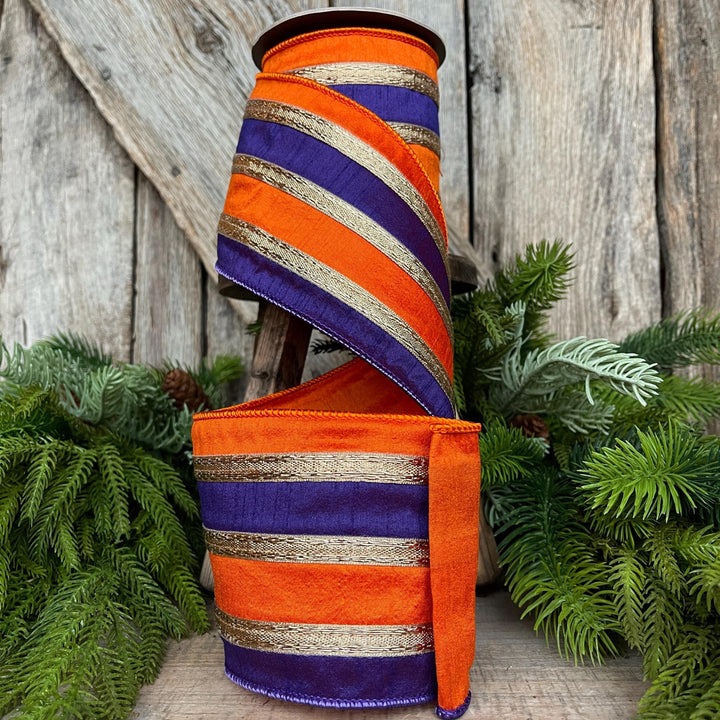 4" Halloween Ribbon, Wired Ribbon, Purple Orange Gold Ribbon