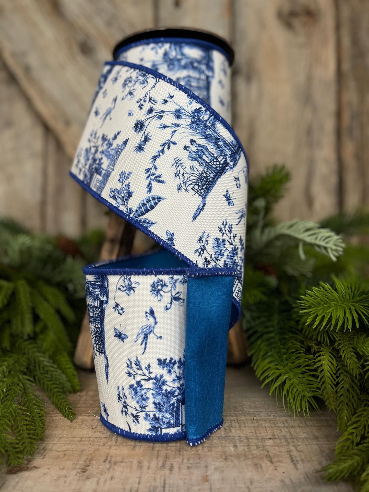 4" Blue Chinoiserie Ribbon, Blue and White Chinoiserie Ribbon, Wired RIbbon